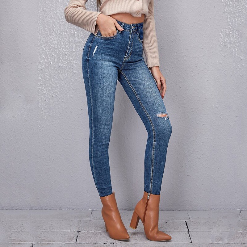 

High Waist Ripped Skinny Jeans, Medium wash