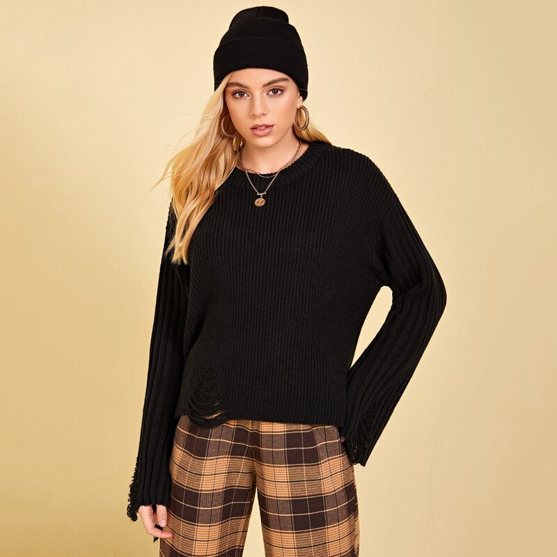

Drop Shoulder Distressed Hem Sweater, Black