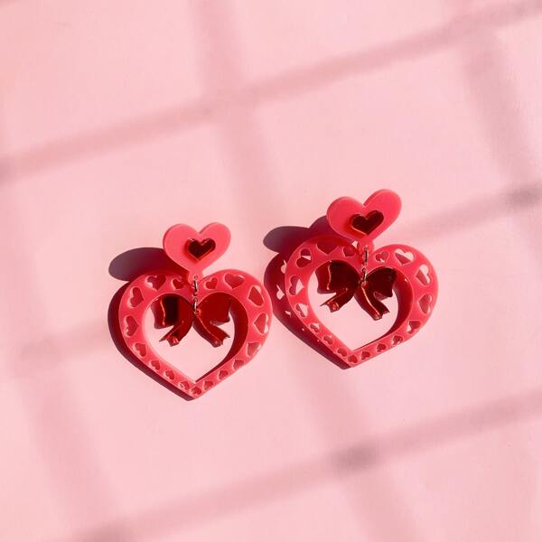 

Hollow Out Heart Drop Earrings, Hot pink