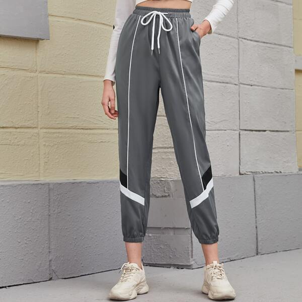 

Contrast Panel Drawstring Waist Pants, Grey