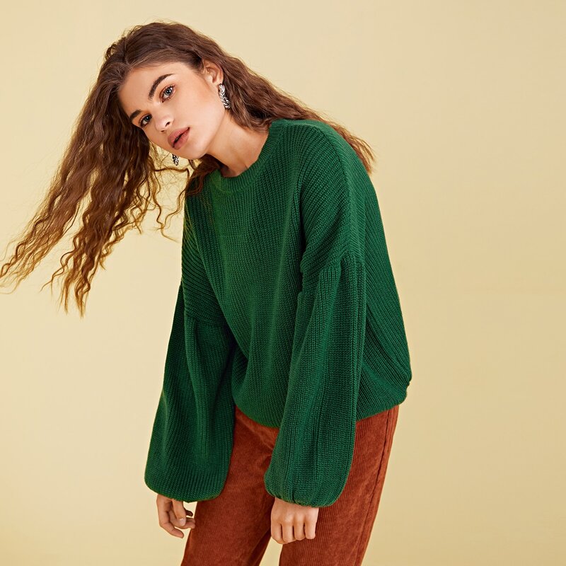 

Drop Shoulder Lantern Sleeve Sweater, Green