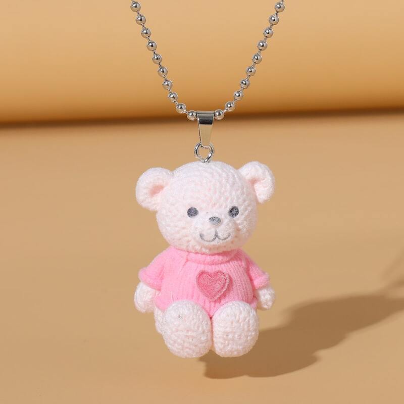 

Cartoon Bear Charm Necklace, Pink