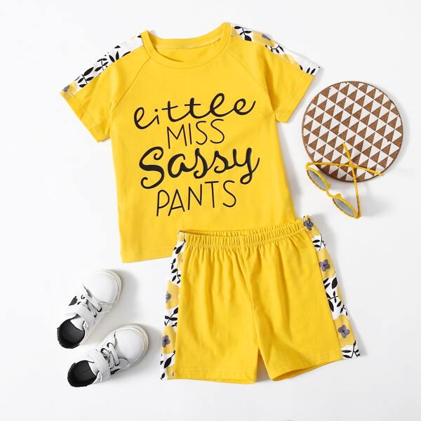 

Toddler Girls Slogan Graphic Tee & Plants Panel Shorts, Yellow