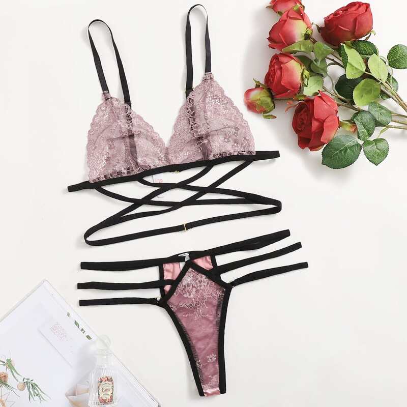 

Lace Criss Cross Cut Out Lingerie Set, Multicolor