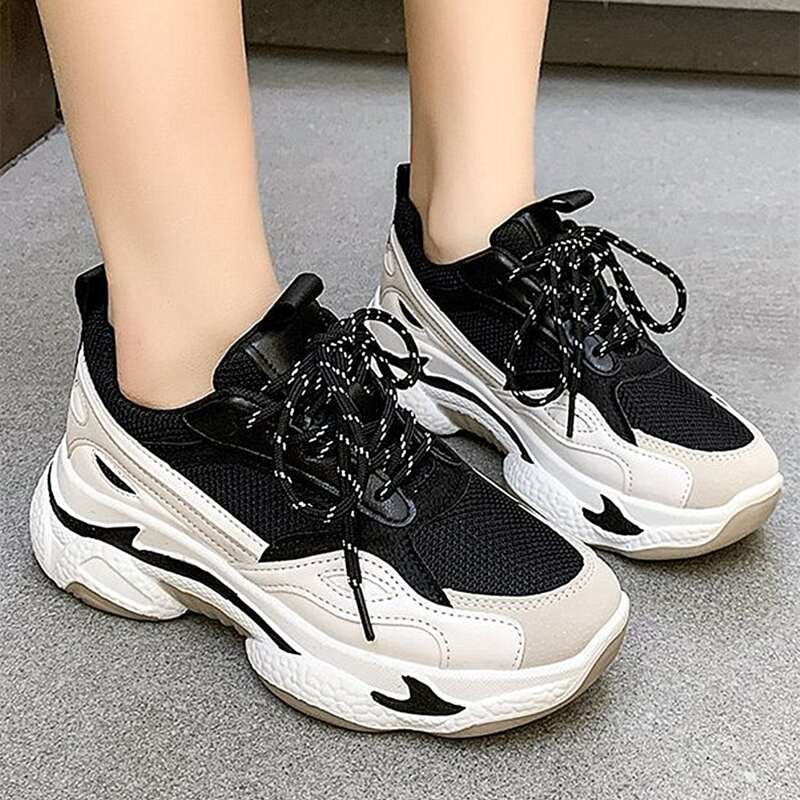 

Colorblock Lace-up Mesh Chunky Sneakers, Black and white
