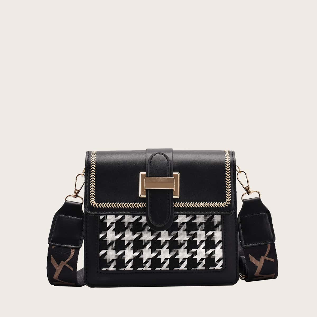 

Houndstooth Embroidery Edge Crossbody Bag, Black