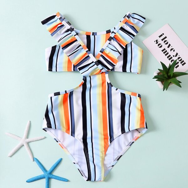 

Girls Striped Ruffle Trim One Piece Swimsuit, Multicolor
