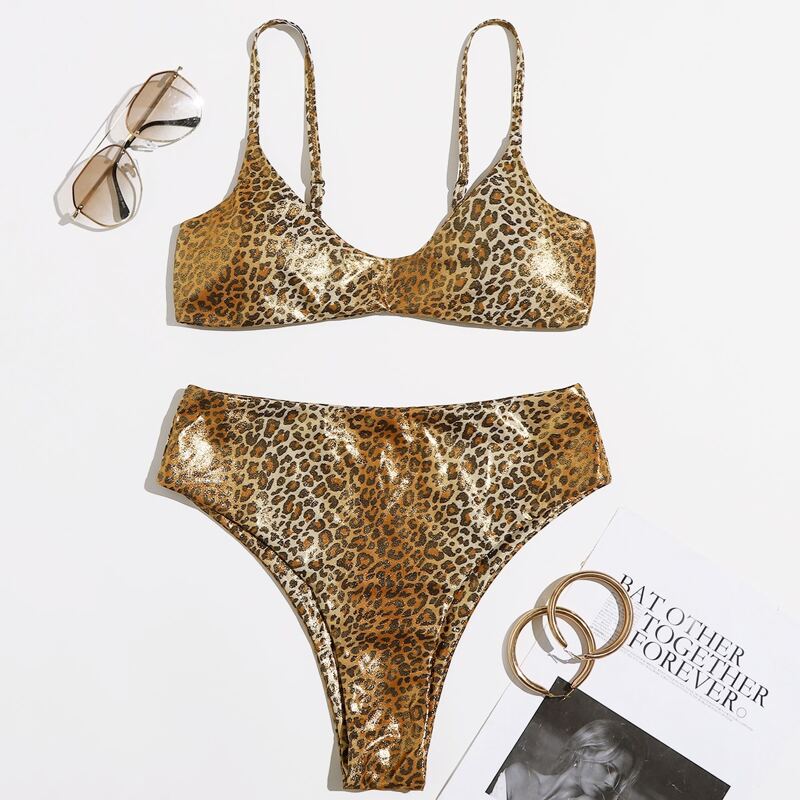

Leopard Print High Waist Bikini Swimsuit, Gold