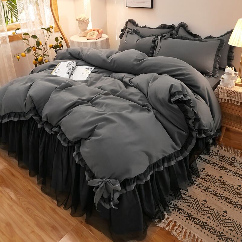 

Frill Trim Bedding Set Without Filler, Grey