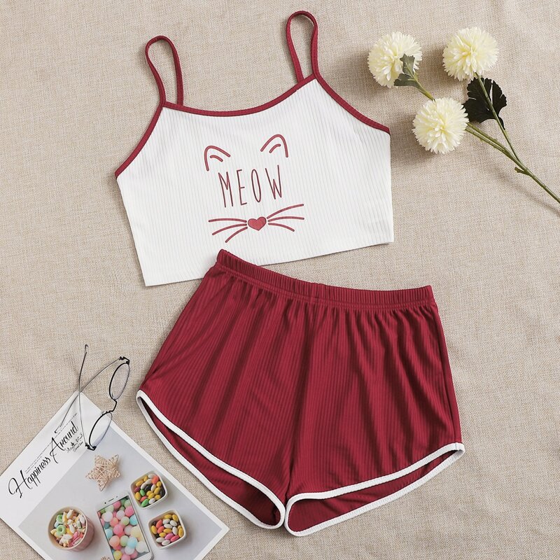 

Cartoon Graphic Cami Top & Shorts PJ Set, Red and white
