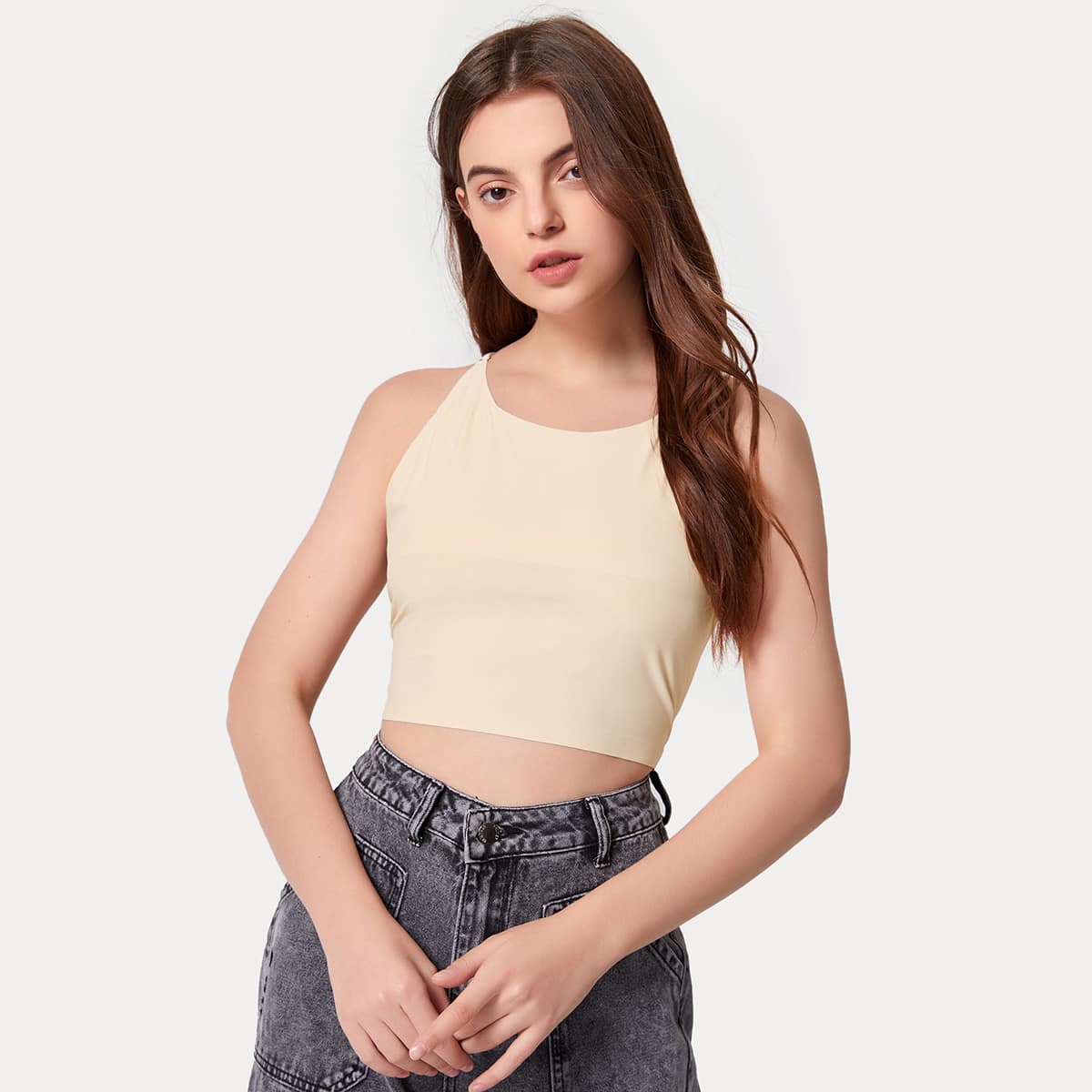 

Solid Backless Longline Bralette, Beige