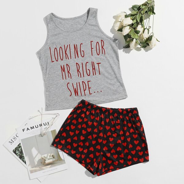 

Slogan And Heart Print Tank Pajama Set, Multicolor