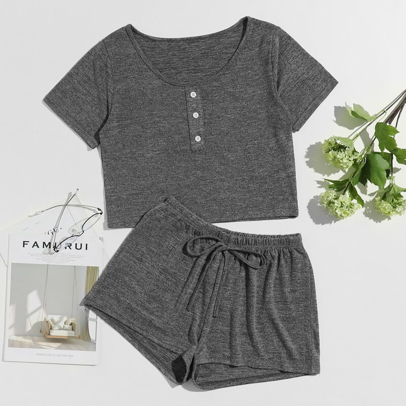 

Button Front Crop Tee & Track Shorts PJ Set, Dark grey