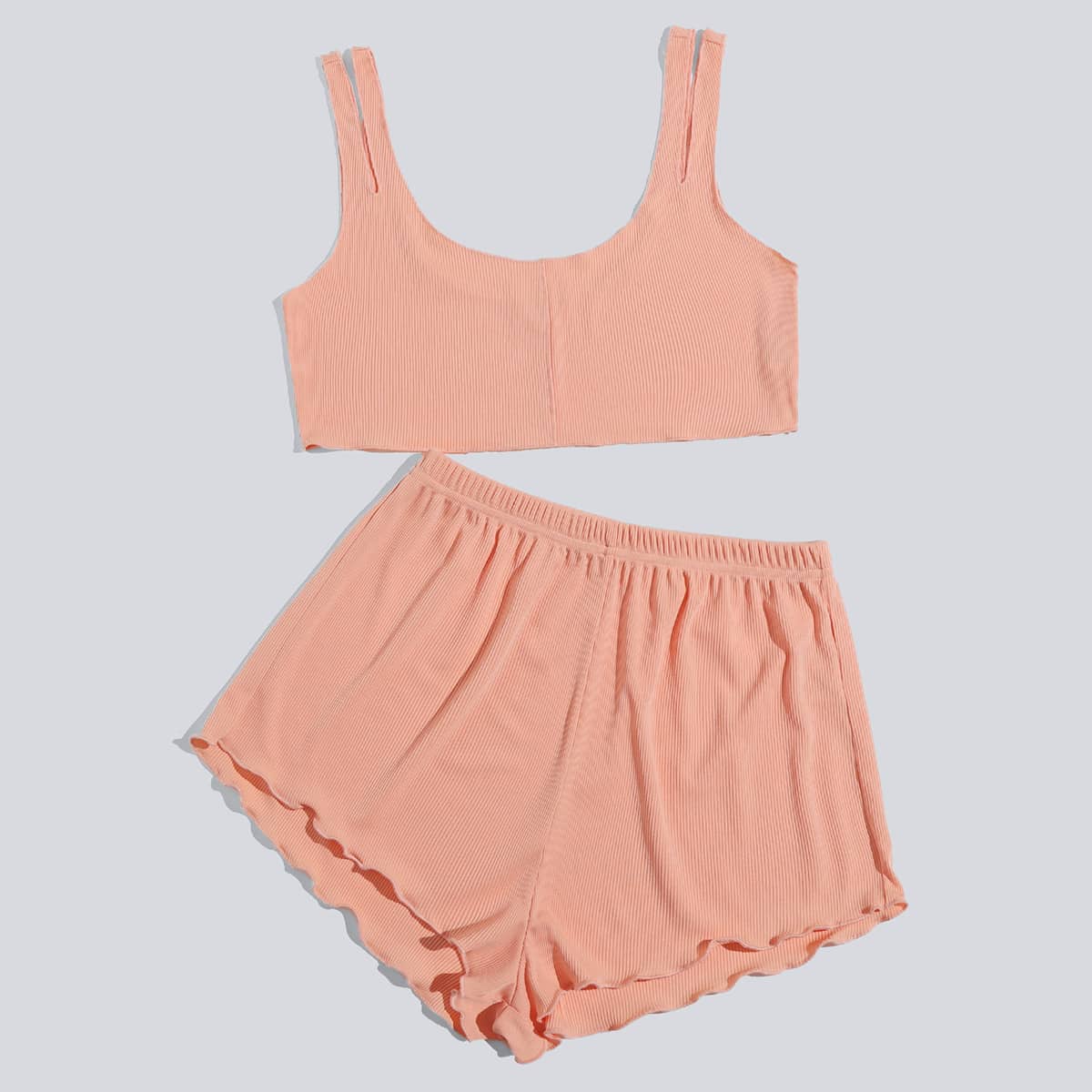 

Solid Lettuce Trim Shorts PJ Set, Coral pink