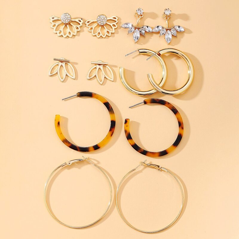 

6pairs Floral & Tortoiseshell Design Earrings, Gold