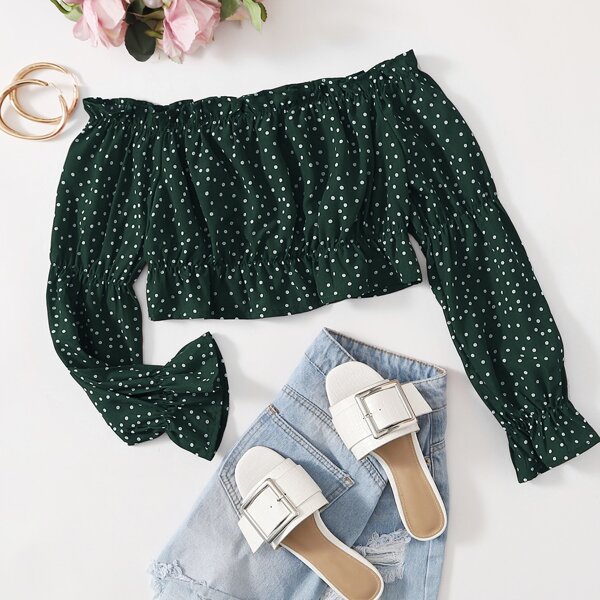

Polka Dot Ruffle Hem Crop Bardot Blouse, Dark green