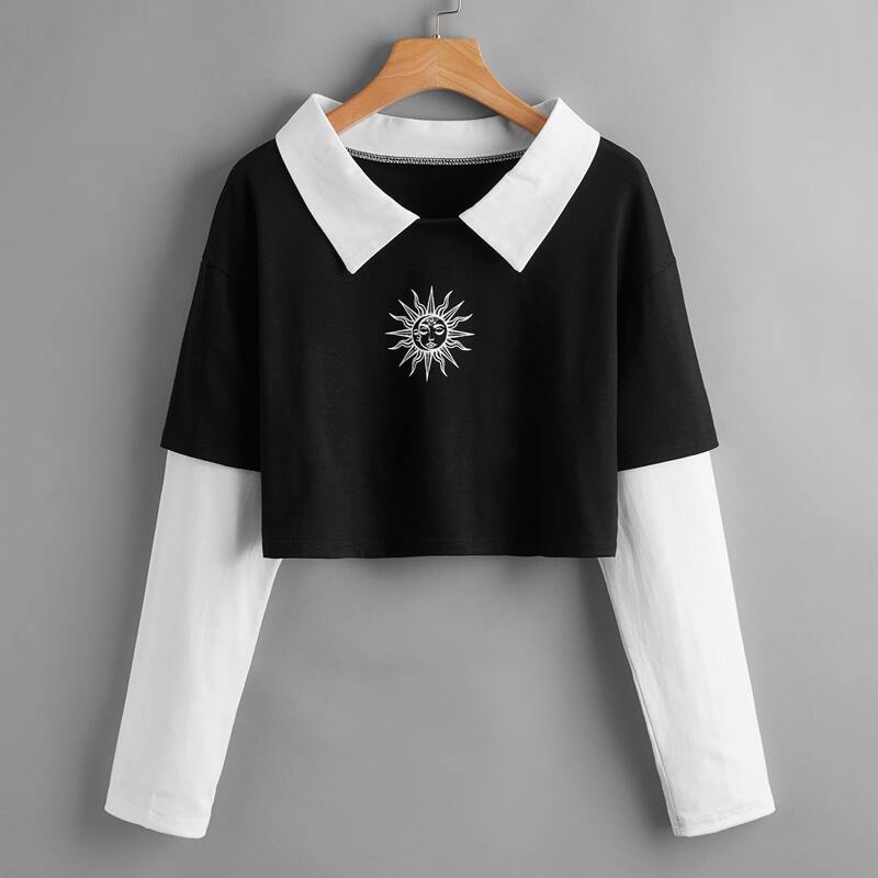 

2 In 1 Sun & Moon Graphic Contrast Collar Crop Tee, Black and white