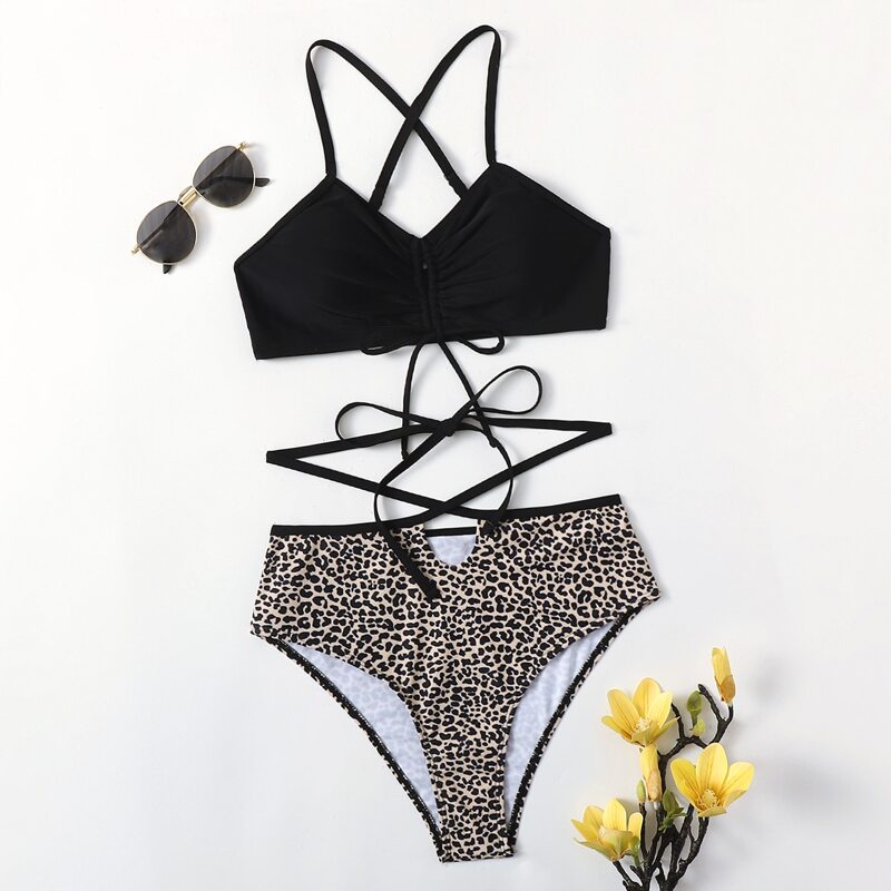 

Leopard Criss Cross High Waist Bikini Swimsuit, Multicolor