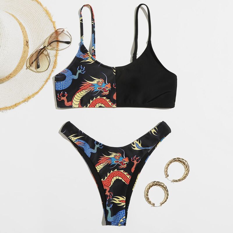 

Chinese Dragon Print High Cut Bikini Swimsuit, Multicolor