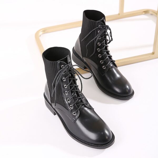 

Lace-up Front Contrast Knit Combat Boots, Black