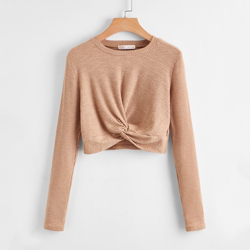 

Twist Front Ribbed Crop Tee, Khaki