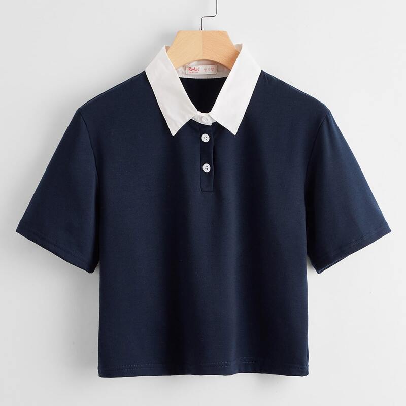 

Polo Neck Crop Tee, Navy blue