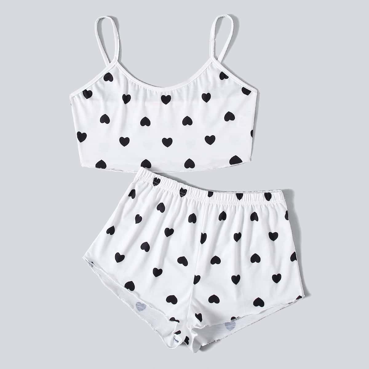 

Heart Print Shorts PJ Set, Black