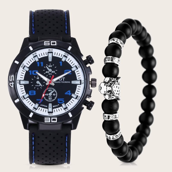 

1pc Men Round Pointer Quartz Watch & 1pc Bracelet