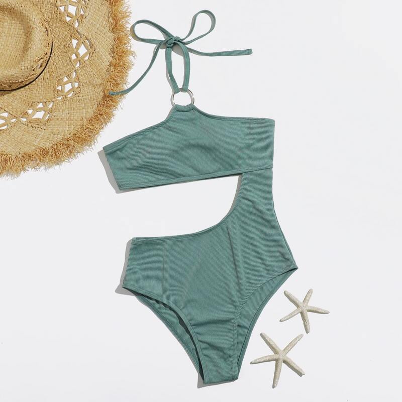 

Solid Cut Out Halter One Piece Swimsuit, Green