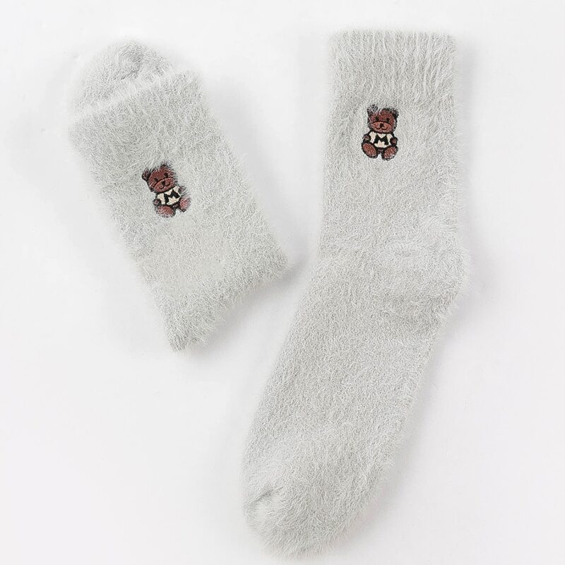 

Cartoon Bear Fuzzy Socks, Light grey