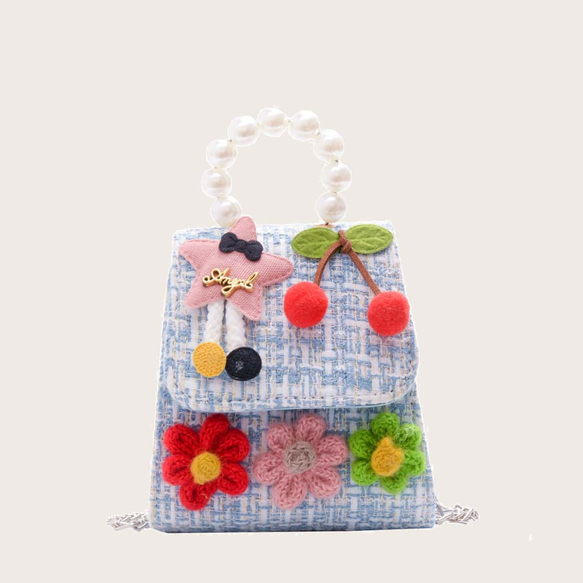 

Fruit & Floral Applique Faux Pearl Handle Bag, Baby blue