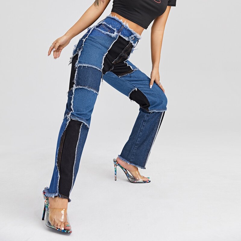 

High Waist Color Block Raw Hem Jeans, Multicolor