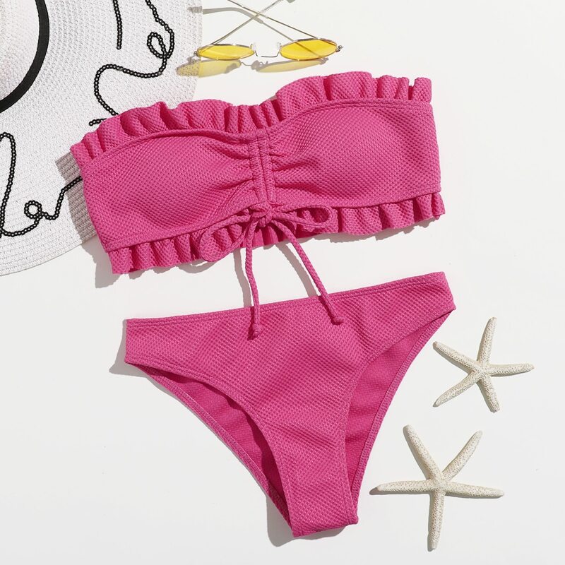 

Solid Frill Drawstring Bikini Swimsuit, Pink