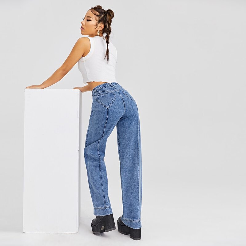 

High Waist Heart-shaped Pocket Jeans, Medium wash
