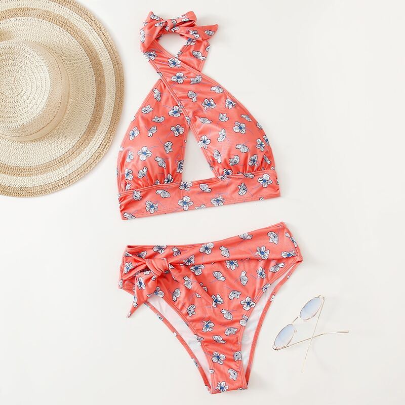 

Floral Tie Front Halter Bikini Swimsuit, Coral orange
