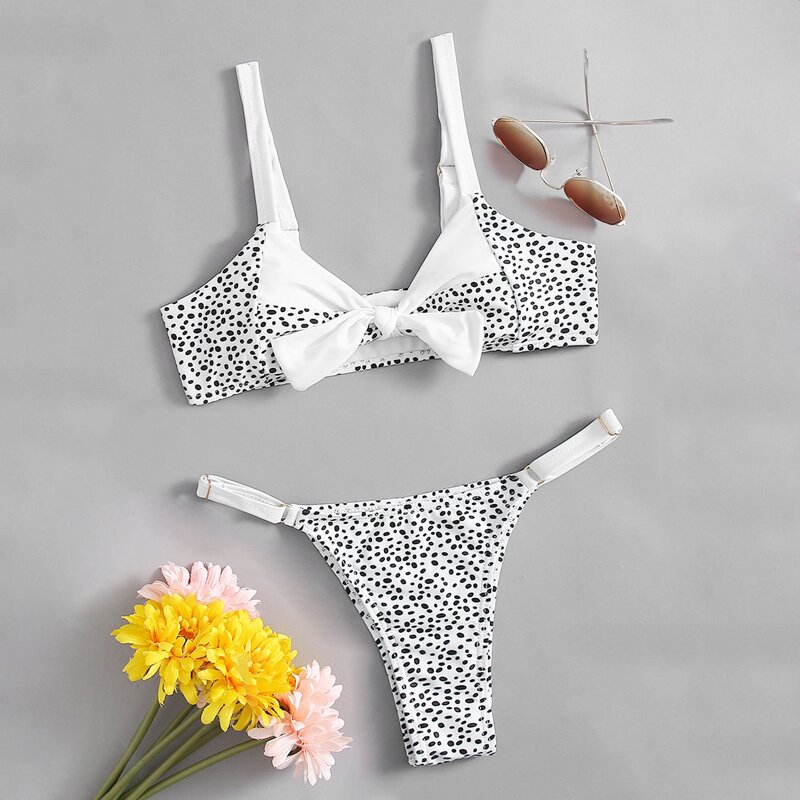 

Allover Print Bow Bikini Swimsuit, Black and white