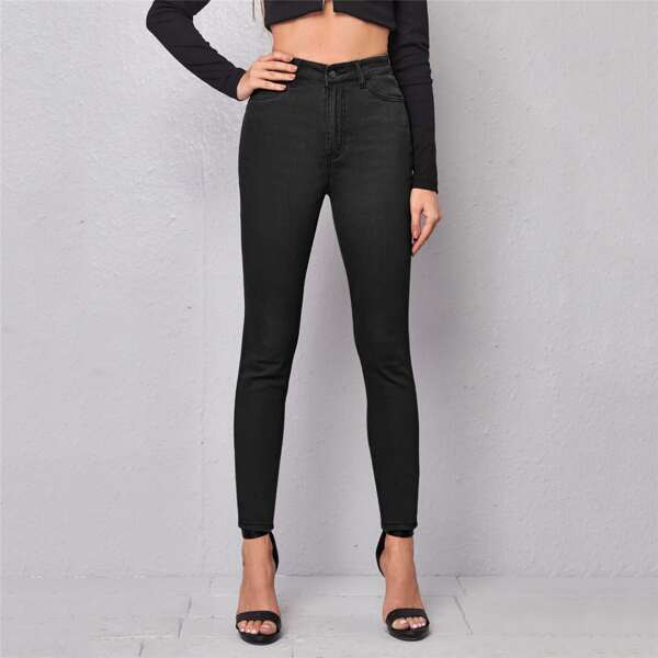

High Waist Non Stretch Skinny Jeans, Black