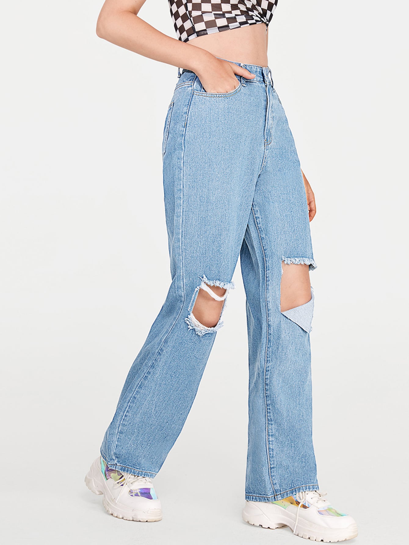 High Waisted Ripped Slant Pocket Boyfriend Jeans thumbnail