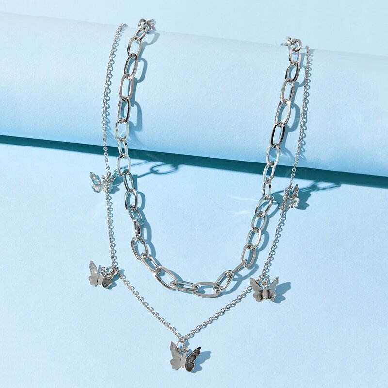 

2pcs Butterfly Decor Chain Necklace, Silver