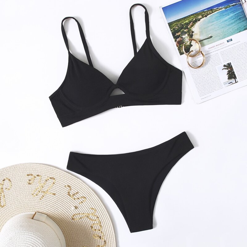 

Solid Push Up Bikini Swimsuit, Black