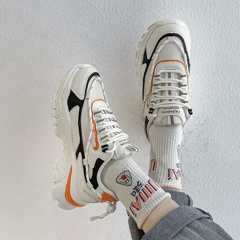 

Drawstring Back Lace-up Chunky Sneakers, White