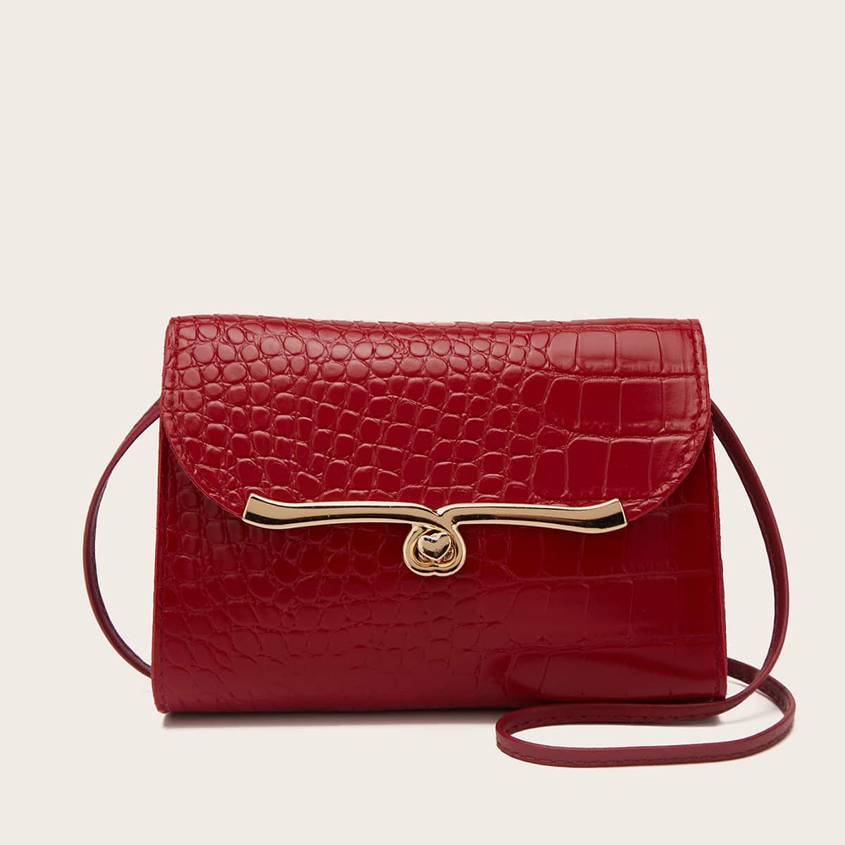 

Heart Lock Croc Embossed Crossbody Bag, Rose red