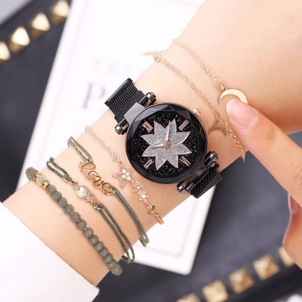 

1pc Flower Pattern Dial Quartz Watch & 6pcs Bracelet