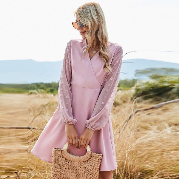 

Solid Lantern Sleeve A Line Dress, Pastel dusty pink