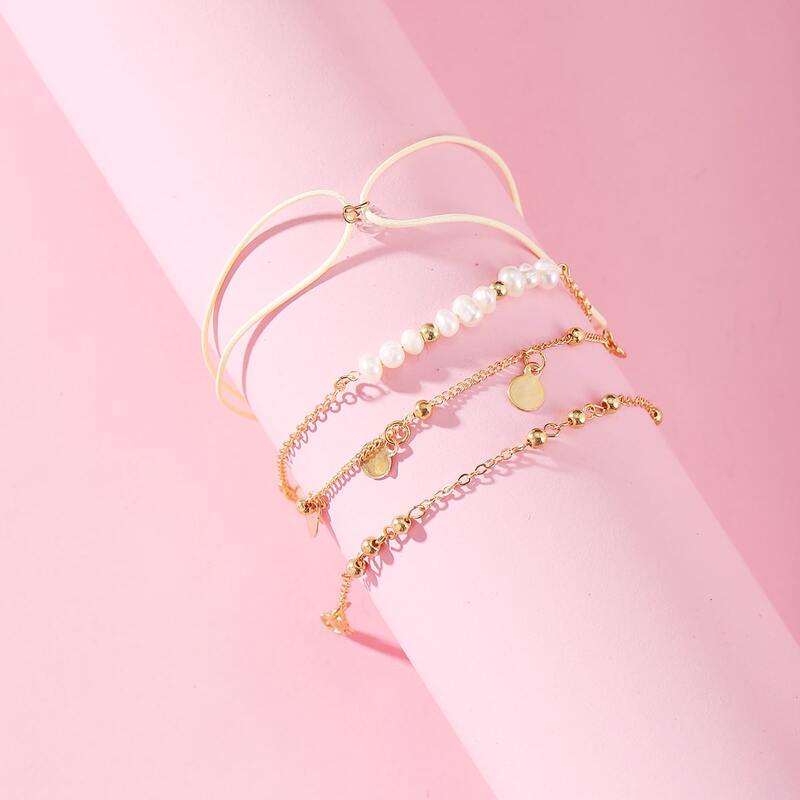 

4pcs Faux Pearl & Disc Decor Bracelet, Gold
