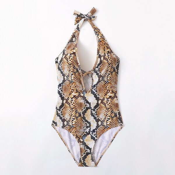 

Snakeskin Crisscross Halter One Piece Swimsuit, Multicolor