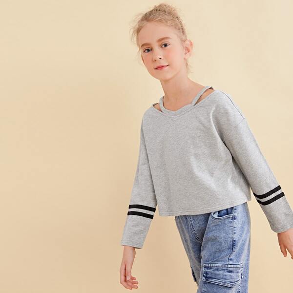 

Girls Strap Neck Striped Sleeve Tee, Light grey