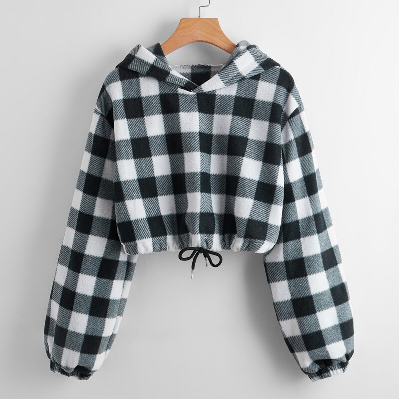 

Gingham Drawstring Crop Hoodie, Multicolor