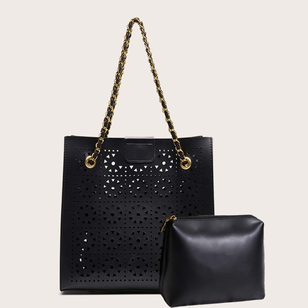 

Cut Out Chain Tote Bag With Inner Pouch, Black