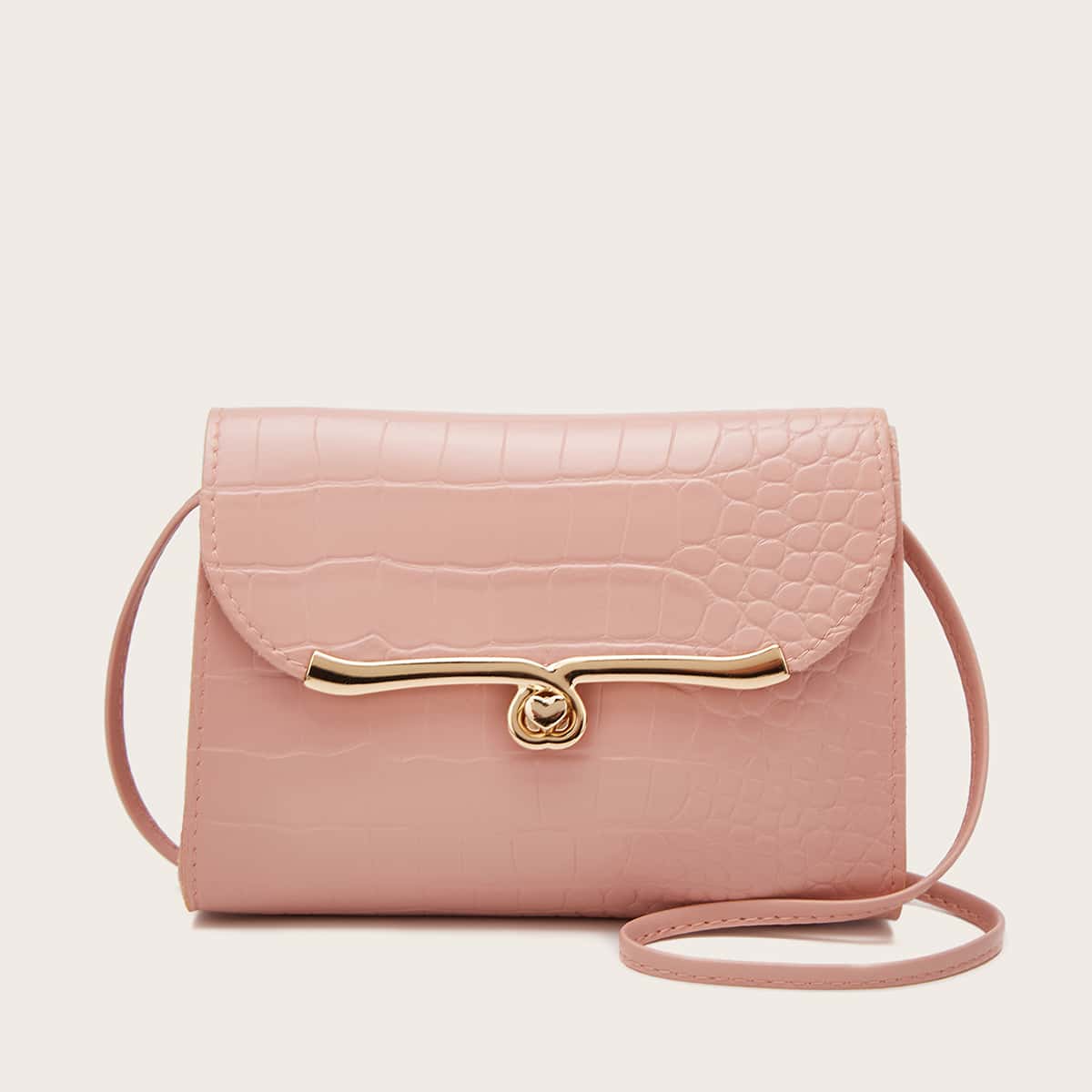 

Heart Lock Croc Embossed Crossbody Bag, Baby pink